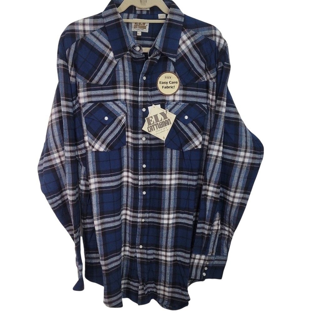 Ely Cattleman Mens Blue Flannel Plaid Western Pearl Snap‎ Shirt XLT Tall NWT